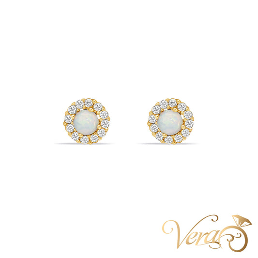 14K Yellow Gold Round Stud Earrings with Opal & Cubic Zirconia, 5.5mm - Vera Jewelry in Miami