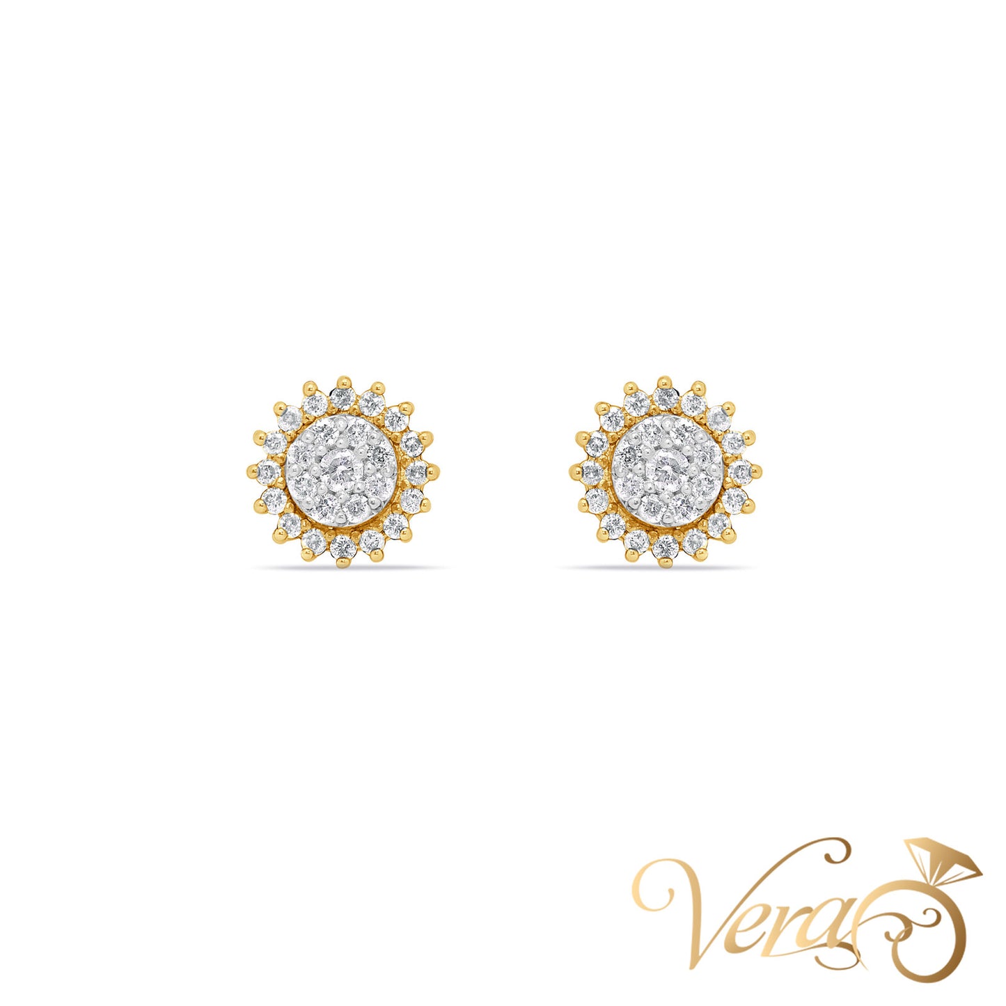 10K Yellow Gold Floral Stud Earrings with Natural Diamonds, 11mm, 3.7g - Vera Jewelry in Miami