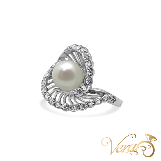 14K WG Vintage Ring 0.50 ct NAT & Pearl, Size 4.5, 5.9g - Vera Jewelry in Miami