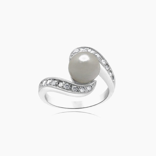 PLAT Women Ring 0.20 ct Natural Diamonds & Pearl, Size 6, 8.3g