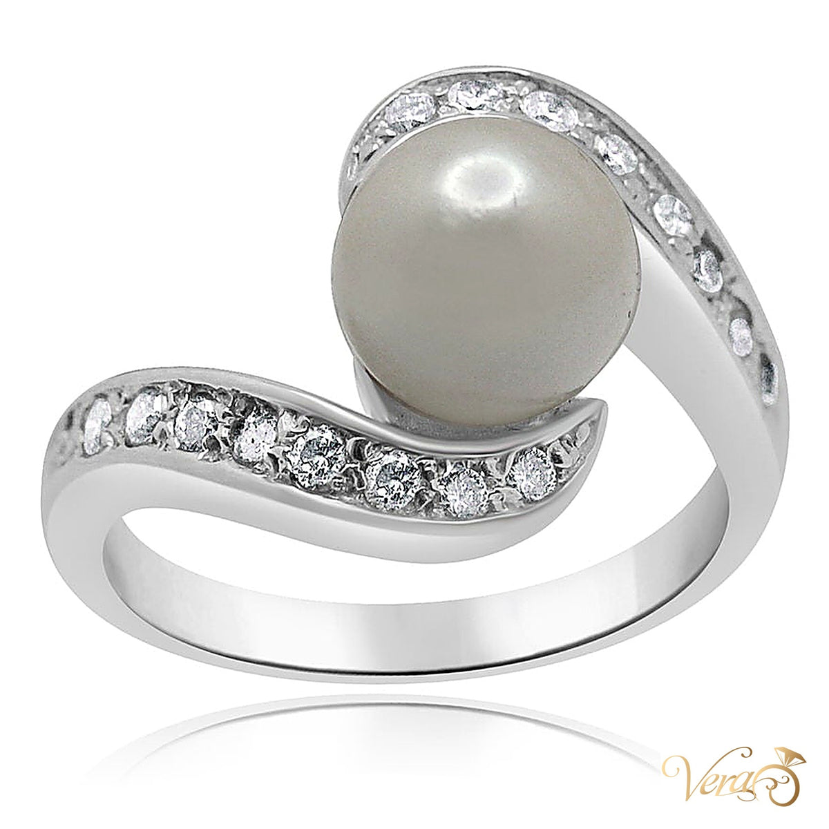 PLAT Women Ring 0.20 ct Natural Diamonds & Pearl, Size 6, 8.3g - alternate view