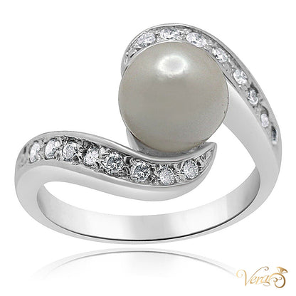 PLAT Women Ring 0.20 ct Natural Diamonds & Pearl, Size 6, 8.3g - alternate view