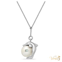 18K White Gold Dolphin Pendant with Pearl & Chain – 20