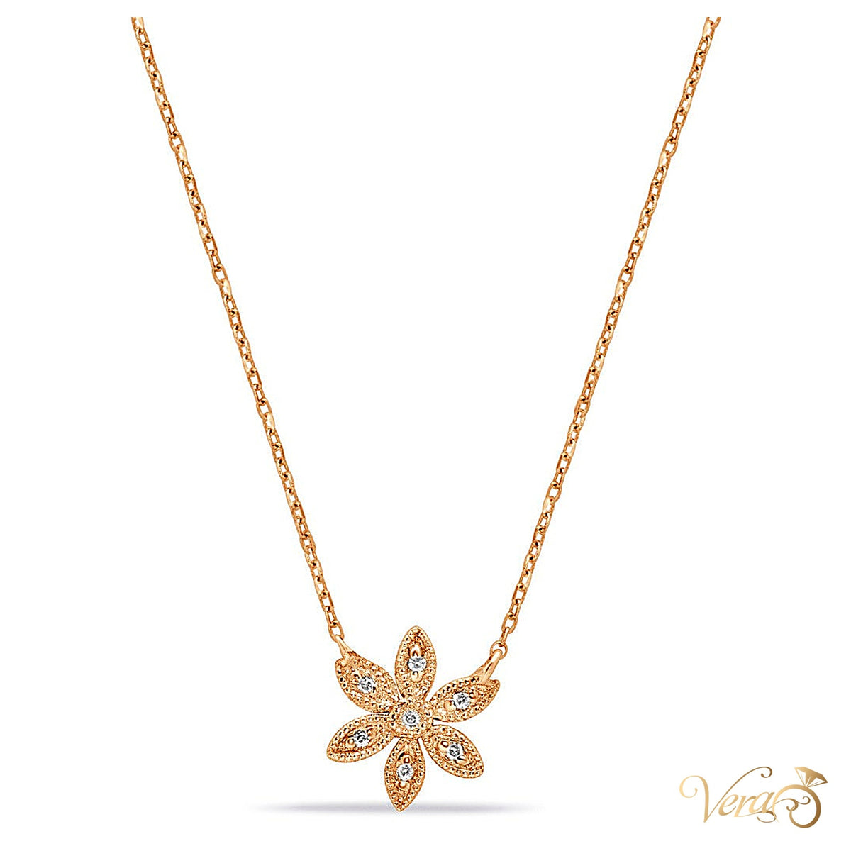 14K Rose Gold Floral Pendant Necklace with 0.03 ct Natural Diamond 18", 1.00g - alternate view