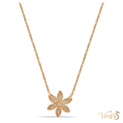 14K Rose Gold Floral Pendant Necklace with 0.03 ct Natural Diamond 18", 1.00g - alternate view