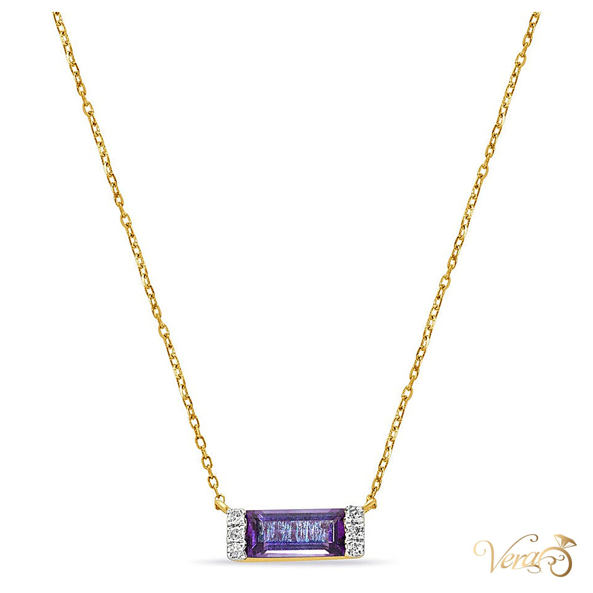 14K Yellow Gold Amethyst Pendant Necklace with Diamond, 18" - alternate view