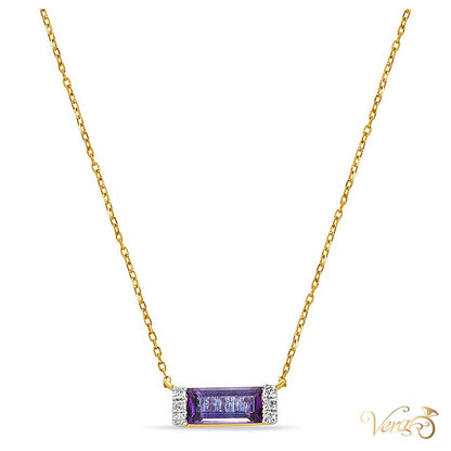 14K Yellow Gold Amethyst Pendant Necklace with Diamond, 18" - alternate view