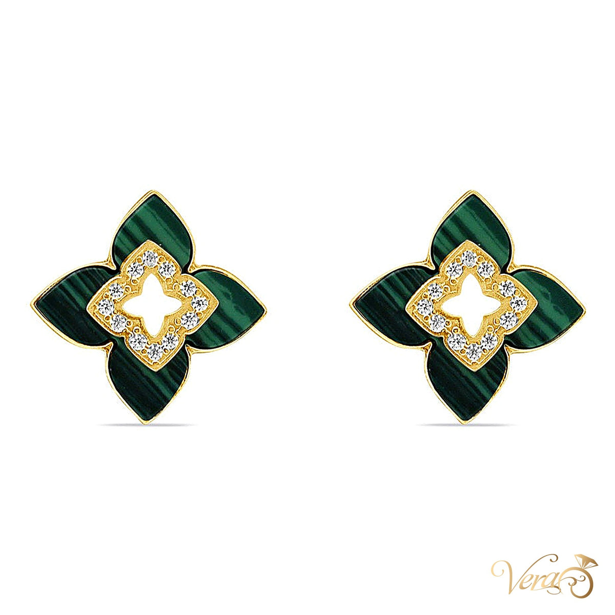 10K Yellow Gold Floral Stud Earrings with Malachite and CZ, 16mm, 3.0g - alternate view