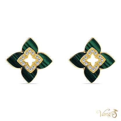 10K Yellow Gold Floral Stud Earrings with Malachite and CZ, 16mm, 3.0g - alternate view