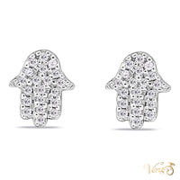 14K White Gold Hamsa Hand Stud Earrings with 0.10ct Natural Diamonds, 7mm, 0.9g