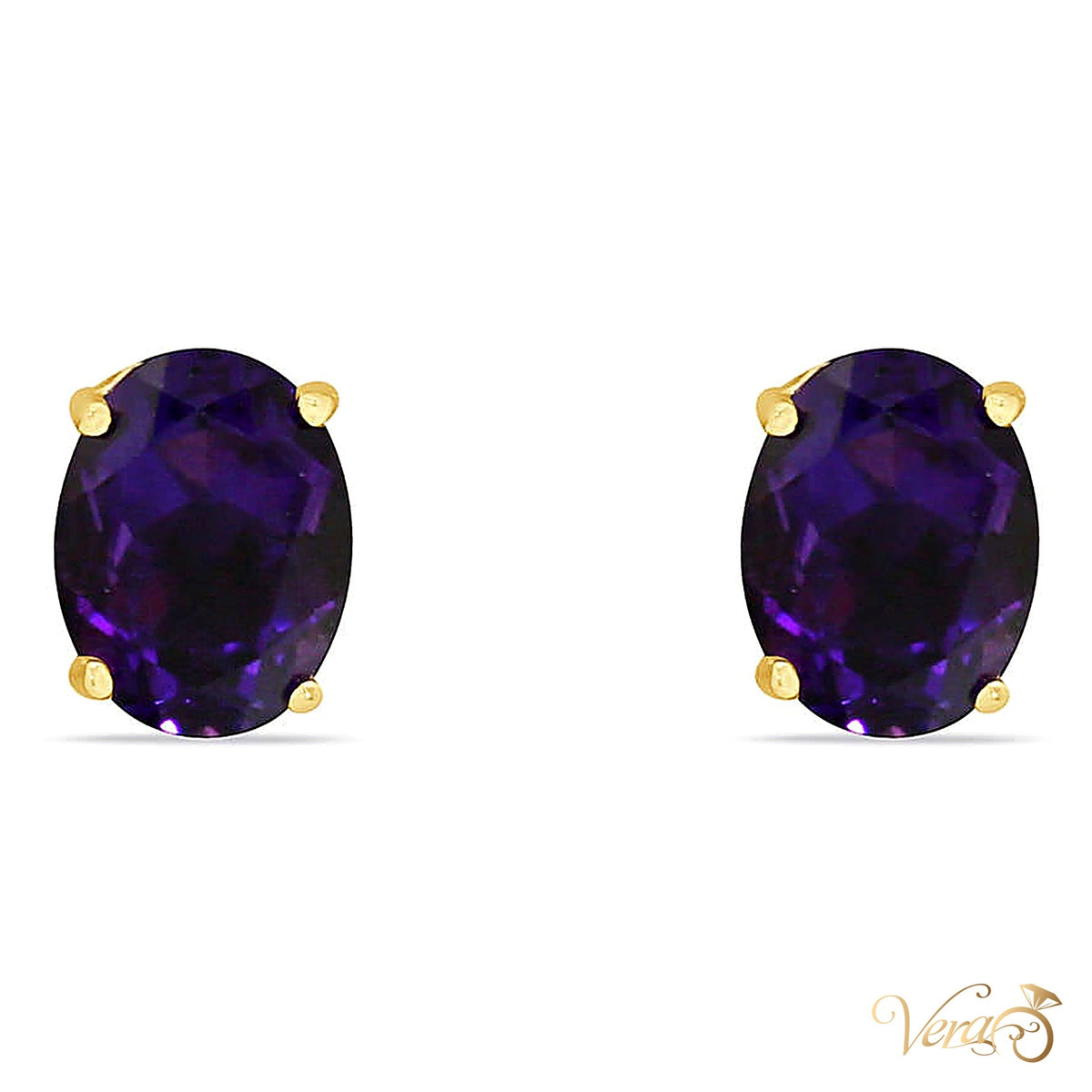 14K Yellow Gold Amethyst Stud Earrings, 8mm, 1.1g - alternate view