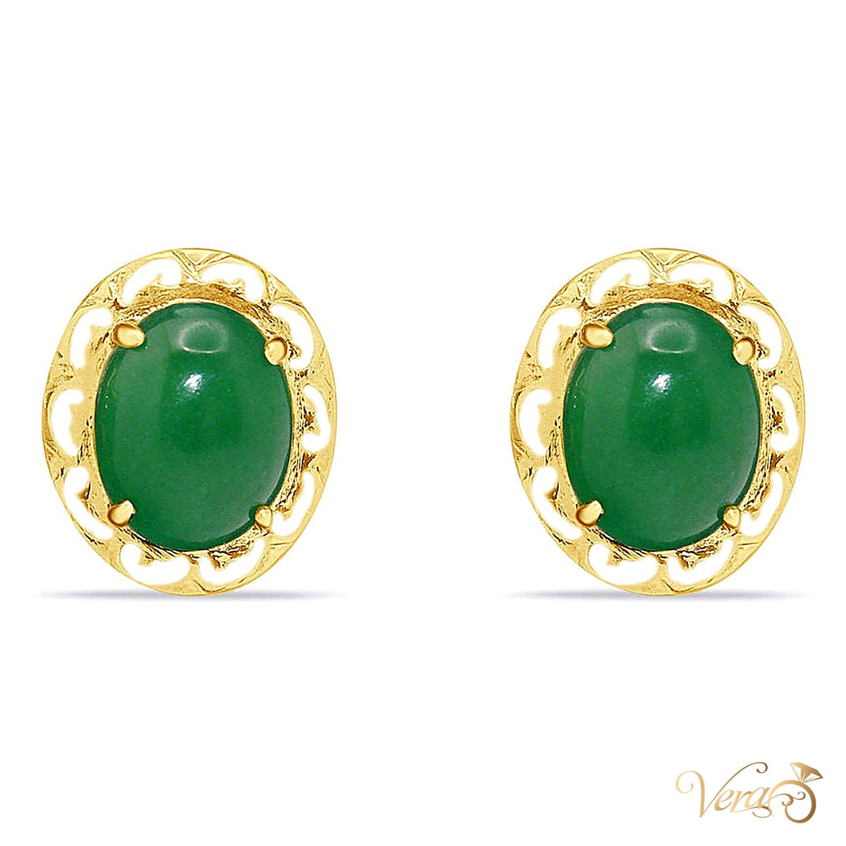 14K Yellow Gold Jade Stud Earrings, 14mm, 2.3g - alternate view