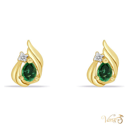 14K Yellow Gold Diamond and Emerald Stud Earrings, 0.02 ct, 10mm, 1.6g - alternate view