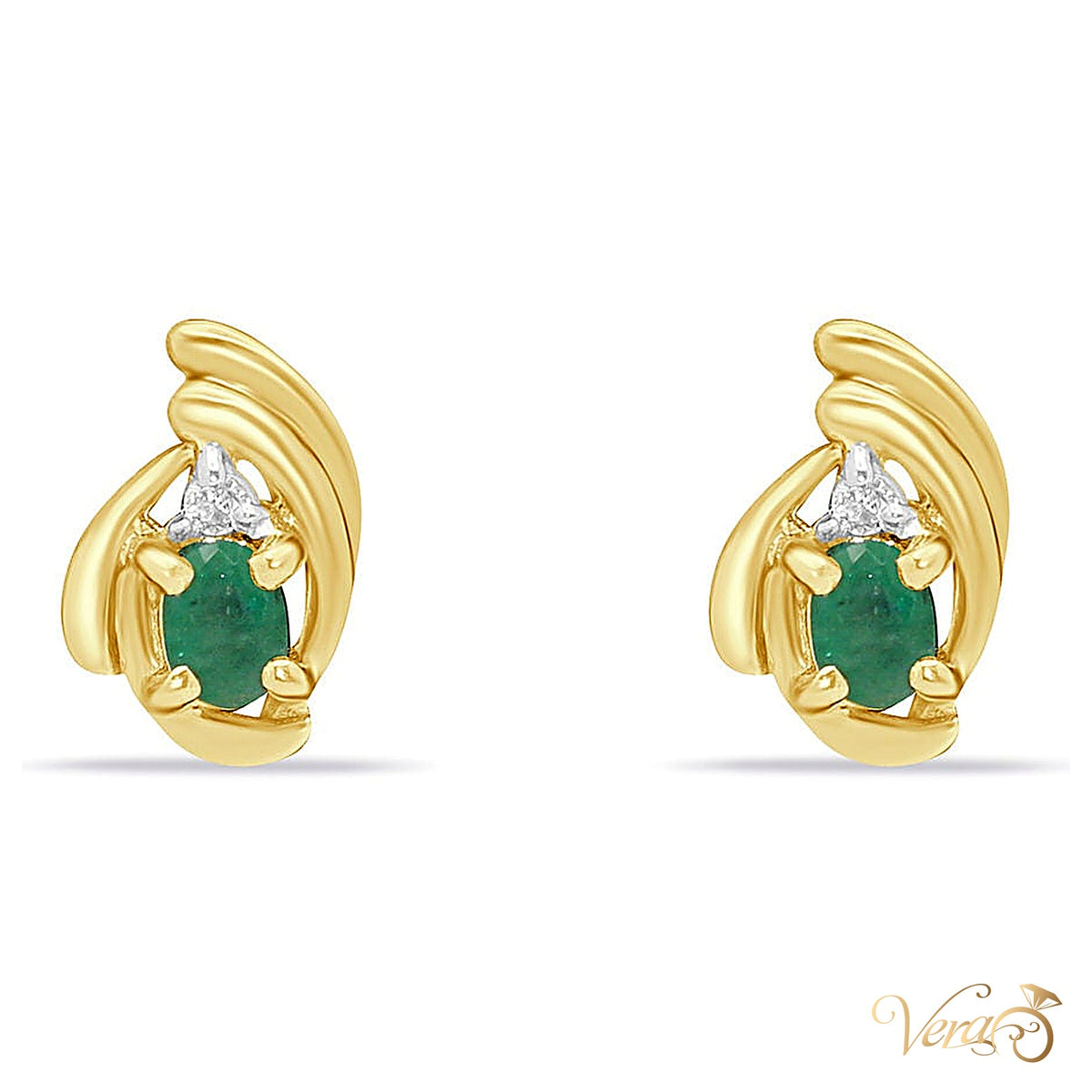 14K Yellow Gold Diamond and Emerald Stud Earrings, 0.02 ct, 10mm, 1.9g - alternate view