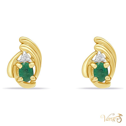 14K Yellow Gold Diamond and Emerald Stud Earrings, 0.02 ct, 10mm, 1.9g - alternate view