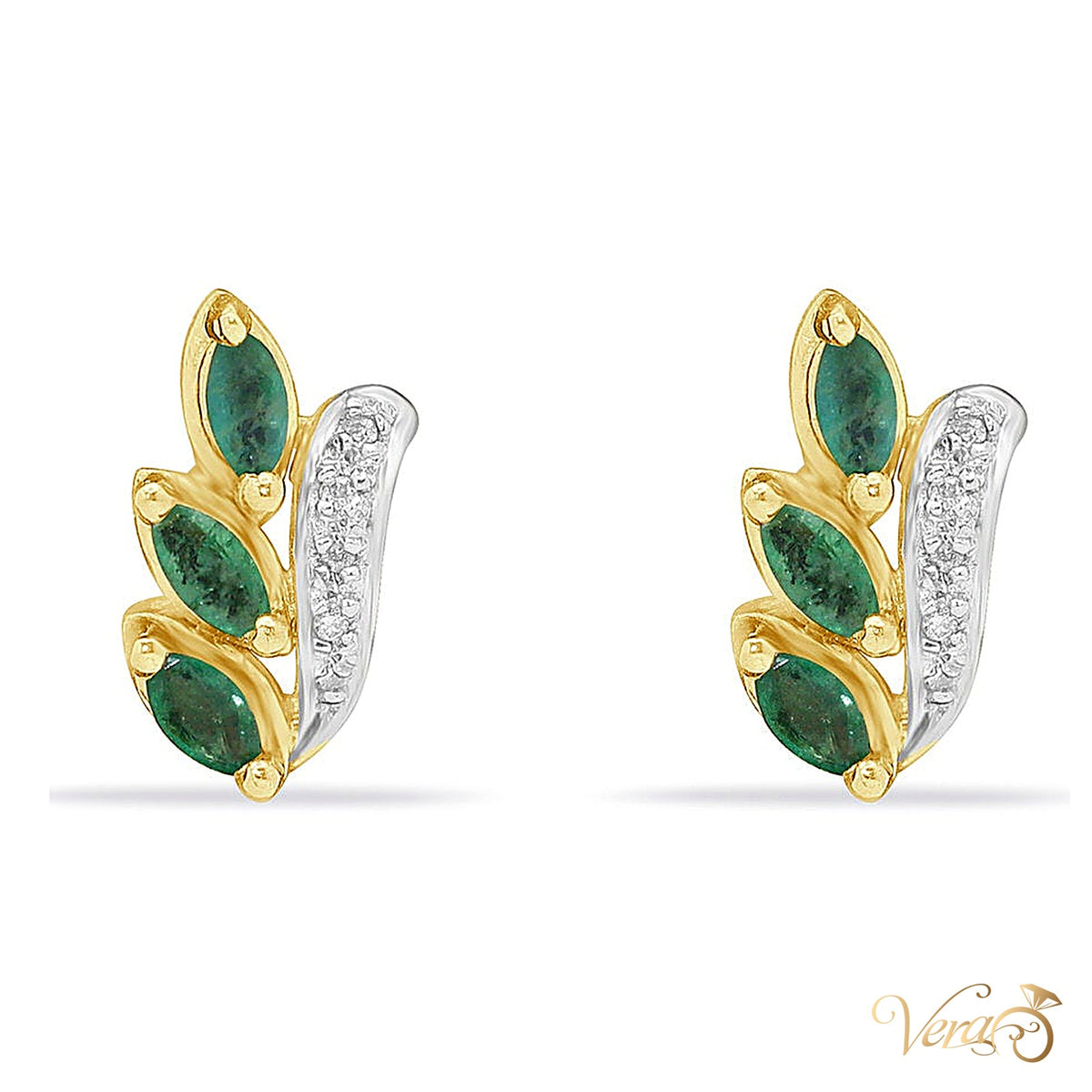 14K Yellow Gold Diamond and Emerald Stud Earrings, 0.10 ct, 13mm, 2.5g - alternate view