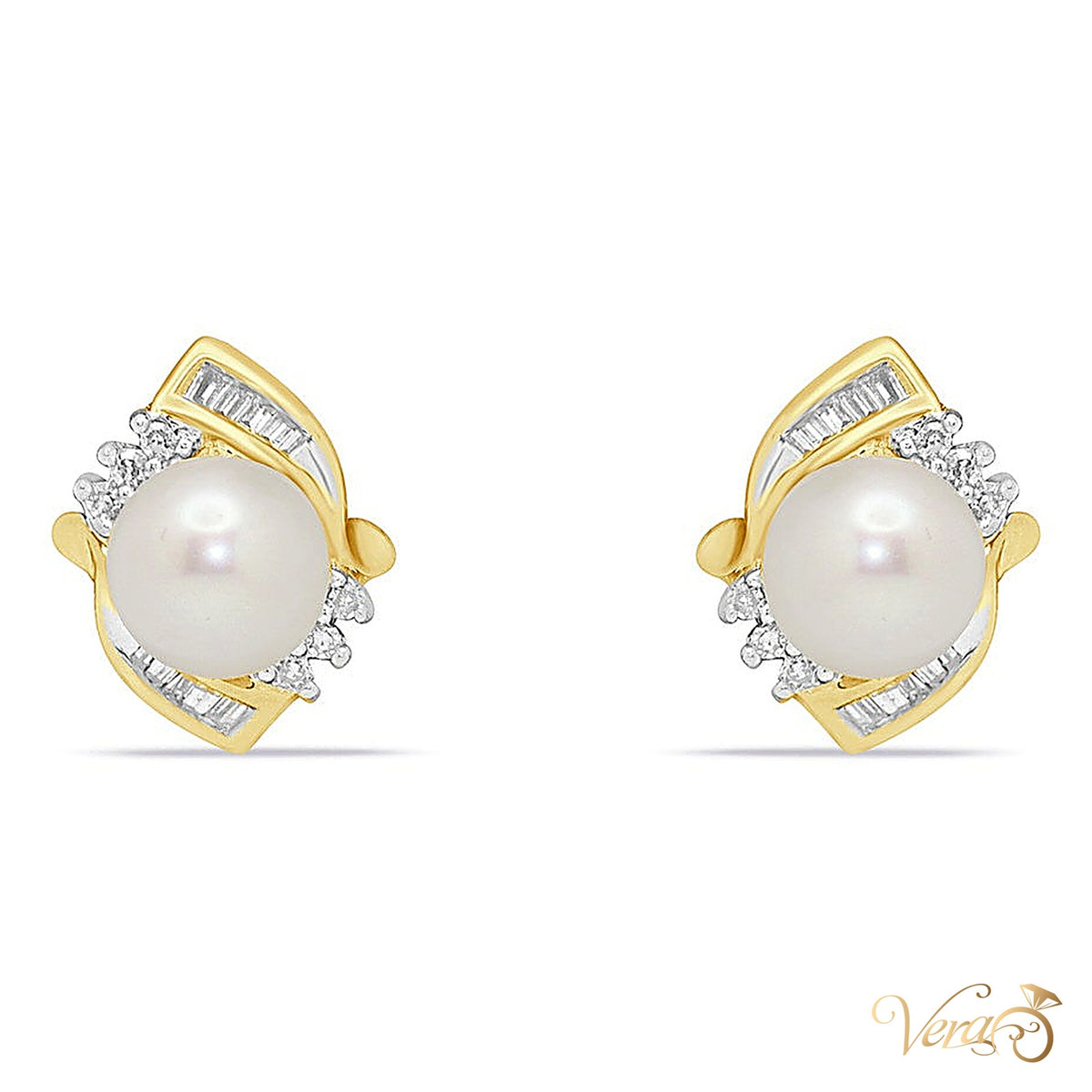 14K Yellow Gold Diamond and Pearl Stud Earrings, 0.30 ct, 14mm, 4.5g - alternate view