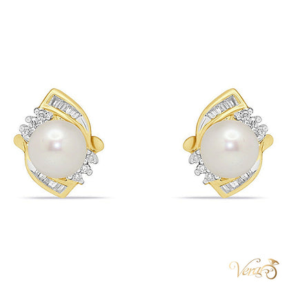 14K Yellow Gold Diamond and Pearl Stud Earrings, 0.30 ct, 14mm, 4.5g - alternate view