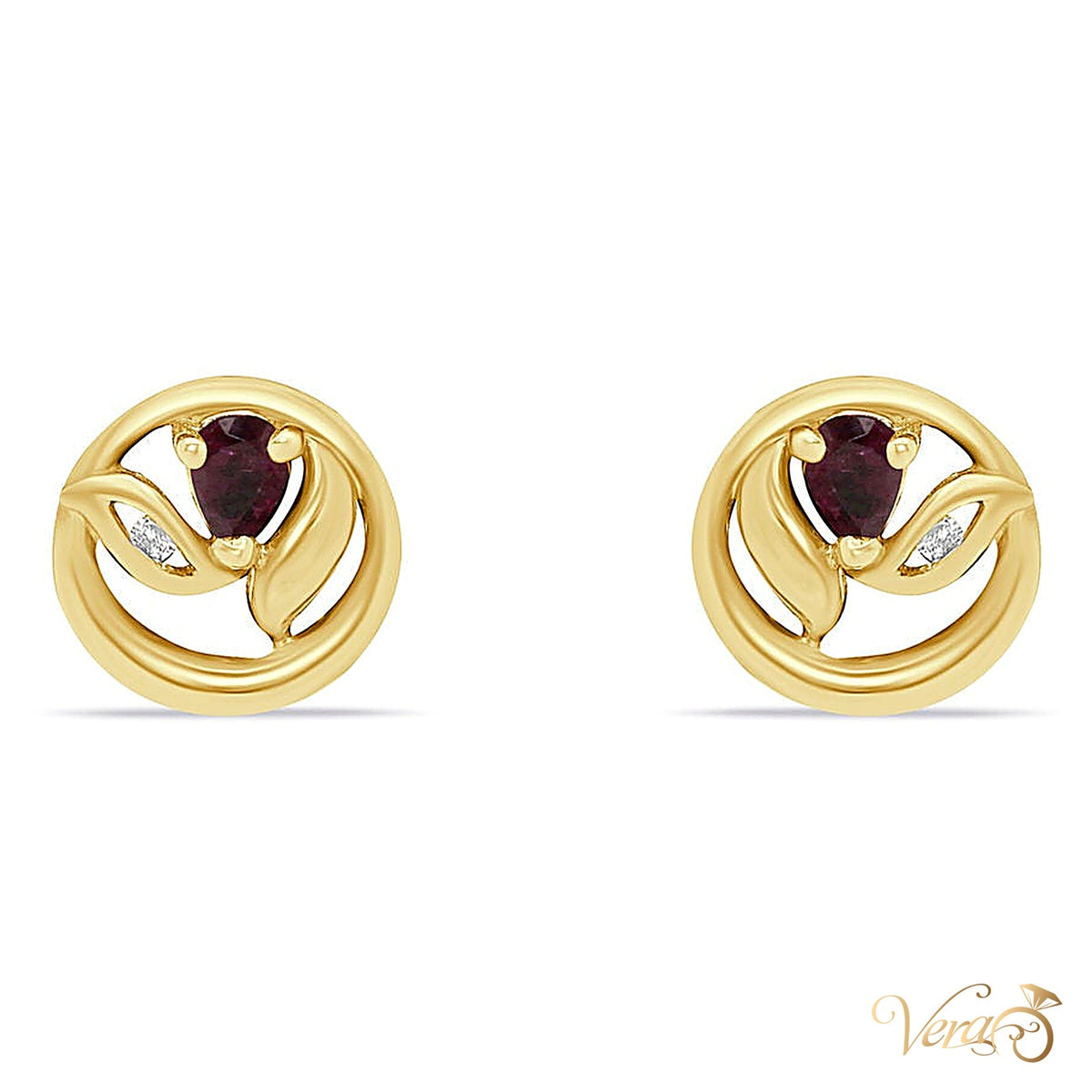14K Yellow Gold Diamond and Ruby Stud Earrings, 0.02 ct, 11mm, 2.8g - alternate view