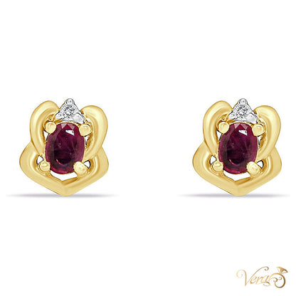 14K Yellow Gold Diamond and Ruby Stud Earrings, 0.02 ct, 8mm, 1.6g - alternate view