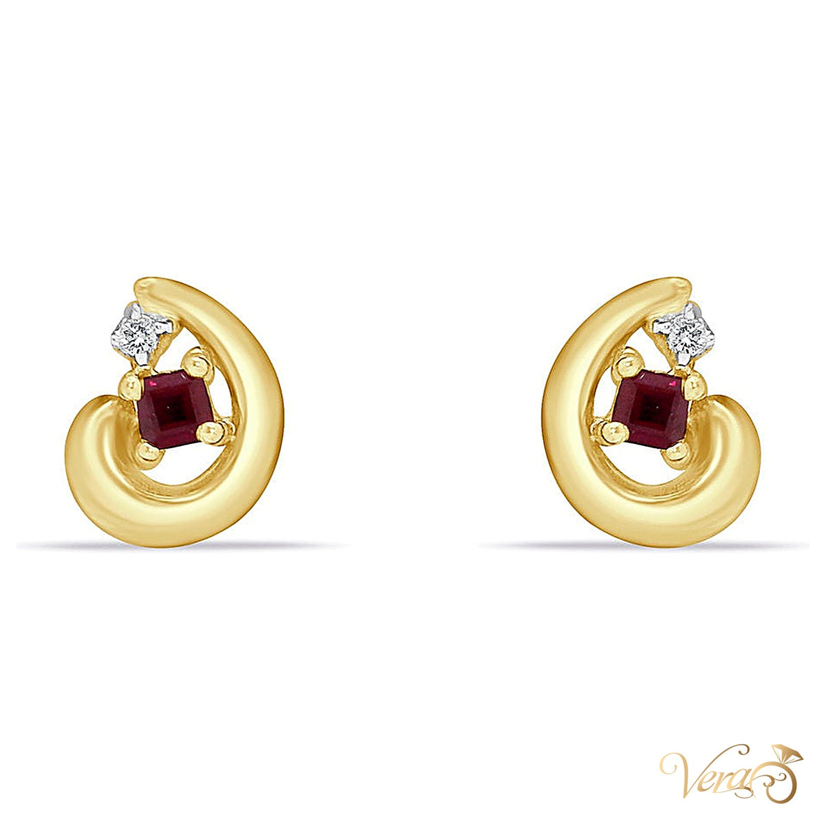 14K Yellow Gold Diamond and Ruby Stud Earrings, 0.02 ct, 10mm, 1.9g - alternate view