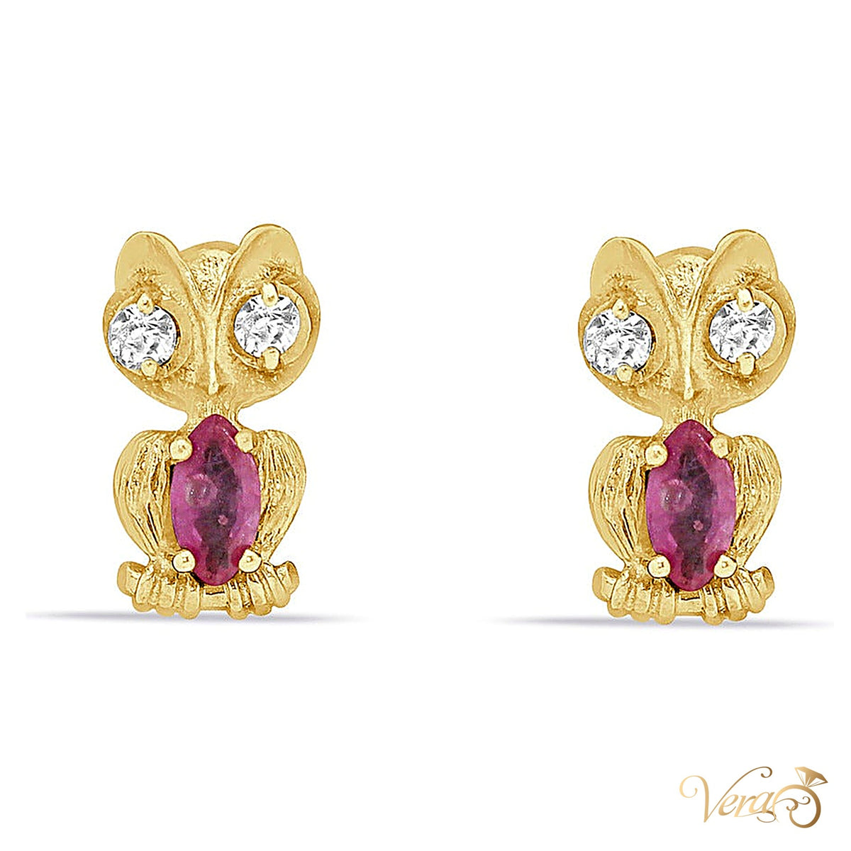 10K Yellow Gold Owl Stud Earrings with CZ & Ruby, 14mm, 2.0g - alternate view