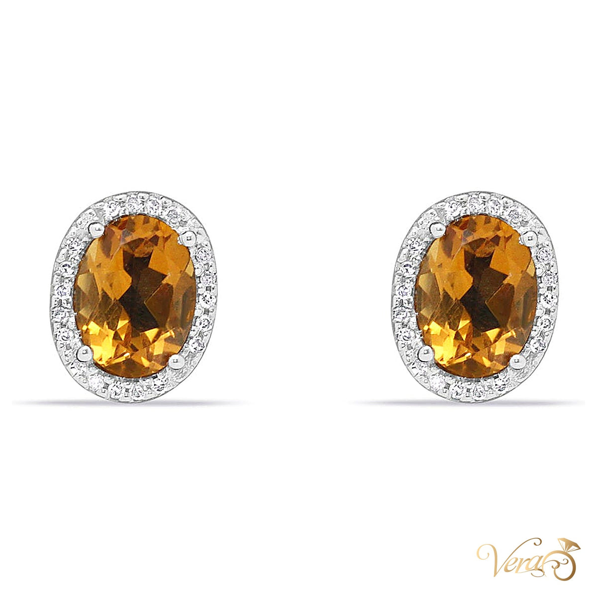 14K Yellow Gold Diamond and Citrine Stud Earrings, 0.1 ct, 10mm, 2.3g - alternate view