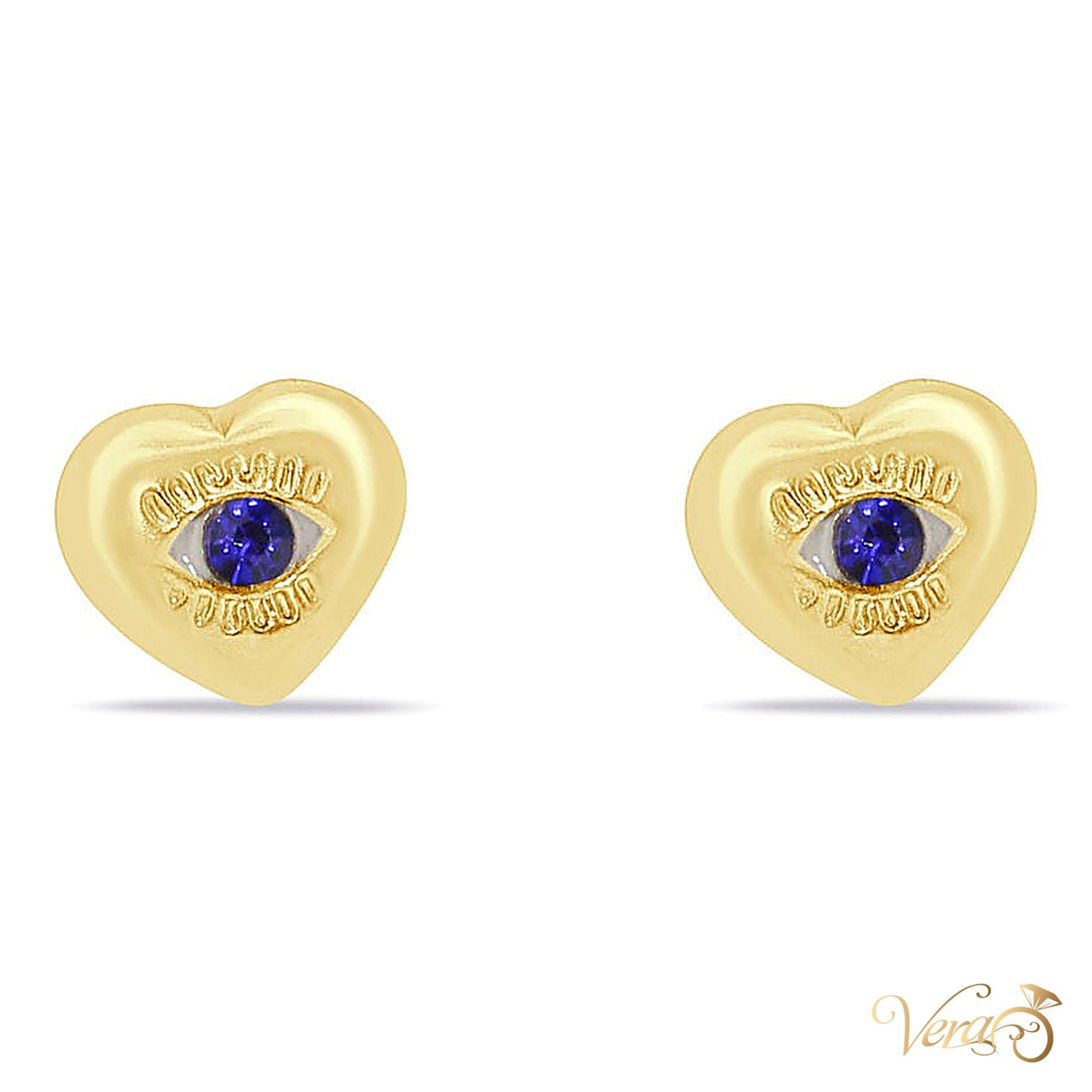 14K Yellow Gold Heart Stud Earrings with CZ & Evil Eye, 7mm - alternate view