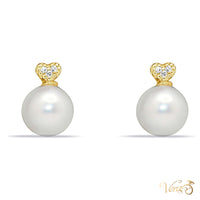 14K Yellow Gold Pearl and CZ Stud Earrings, 9mm