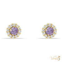 14K Yellow Gold CZ Stud Earrings with Purple Center Stone, 5mm