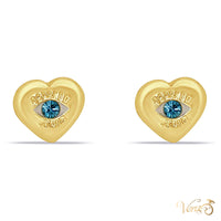 14K Yellow Gold Heart Stud Earrings with Blue CZ Evil Eye, 7mm
