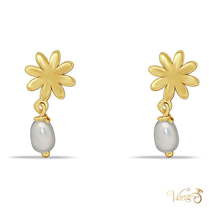 14K Yellow Gold Flower Drop Earrings with Pearl, 14mm - alternate view