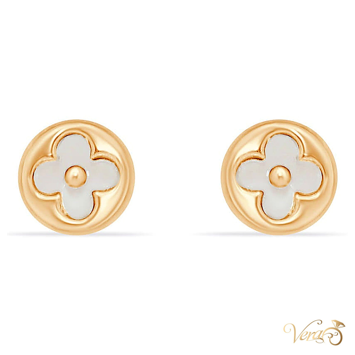 14K Yellow Gold Clover Stud Earrings with Mother of Pearl, 5.5mm - alternate view