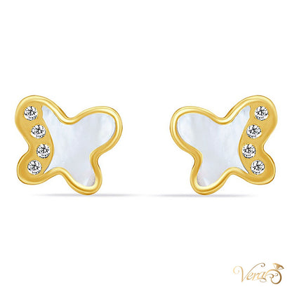 14K Yellow Gold Stud Earrings with Mother of Pearl & CZ, 6mm - alternate view