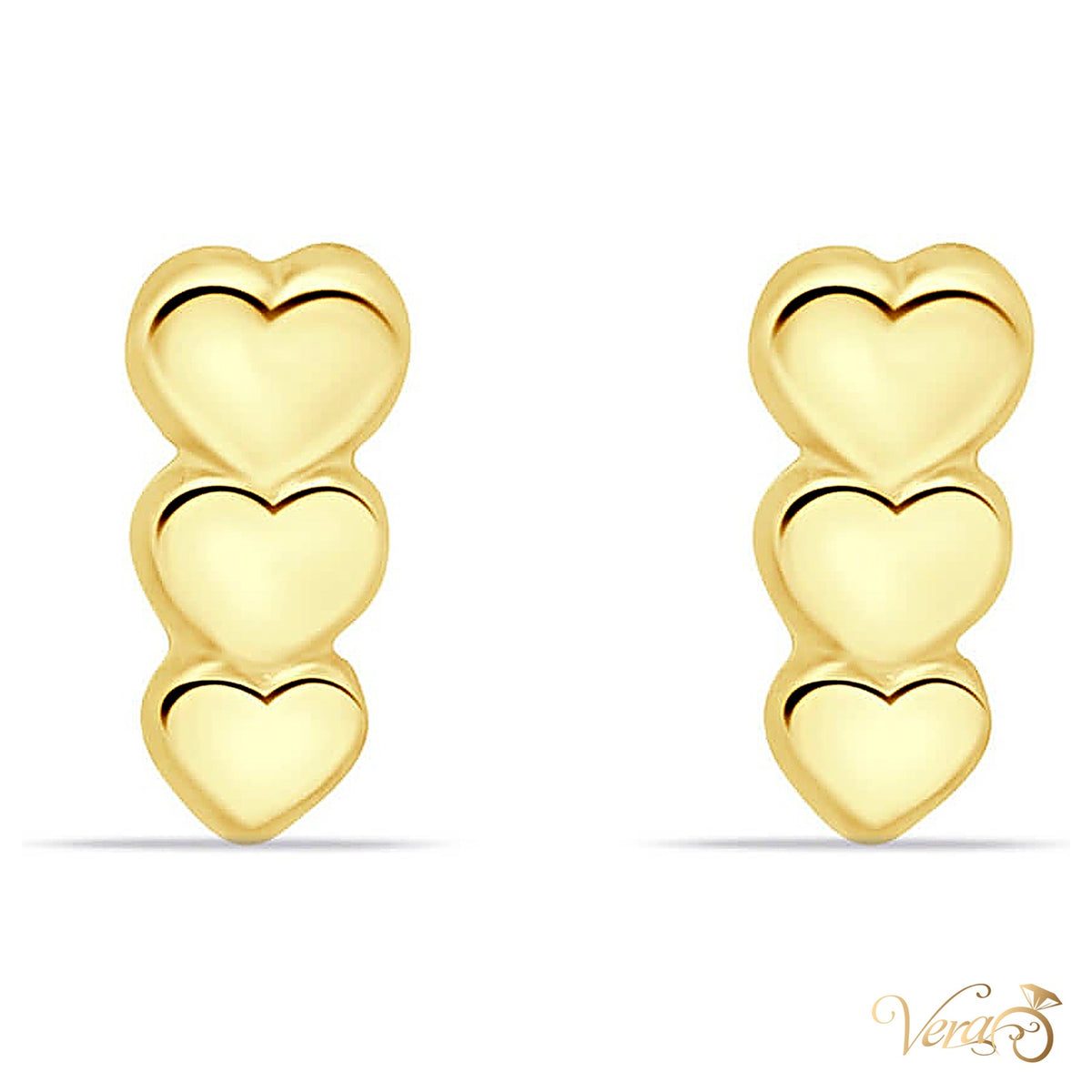 14K Yellow Gold Stud Earrings with Triple Heart Motif, 7.5mm - alternate view