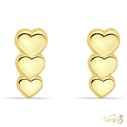 14K Yellow Gold Stud Earrings with Triple Heart Motif, 7.5mm - alternate view