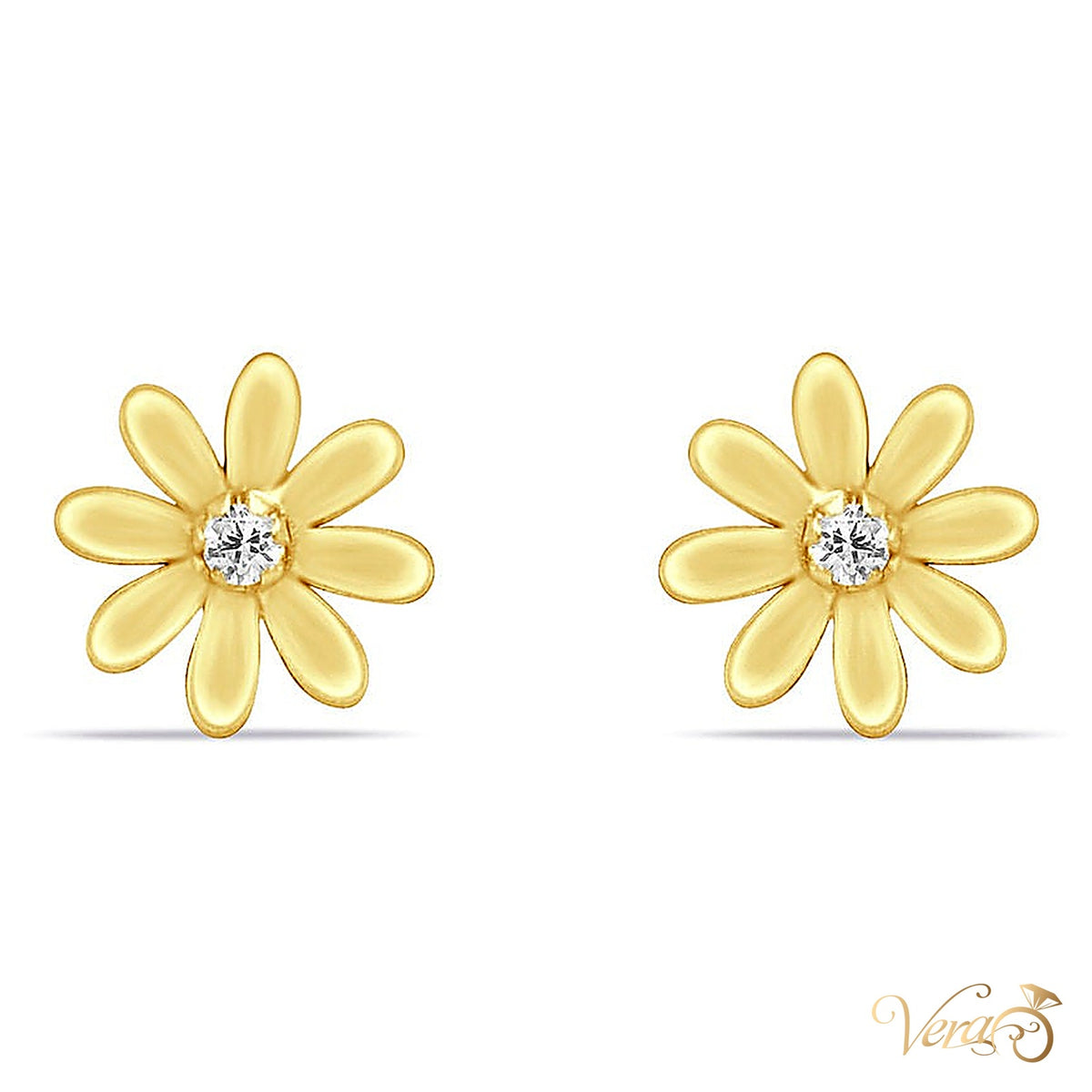 14K Yellow Gold Floral Stud Earrings with CZ Center, 6mm - alternate view