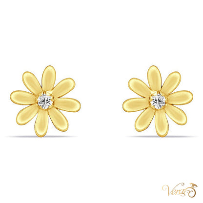 14K Yellow Gold Floral Stud Earrings with CZ Center, 6mm - alternate view