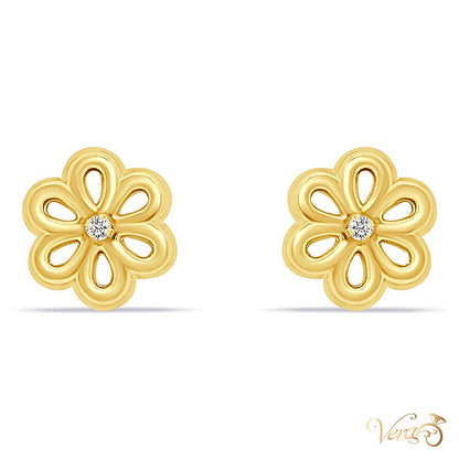 14K Yellow Gold Floral Stud Earrings with CZ Center, 7.5mm - alternate view