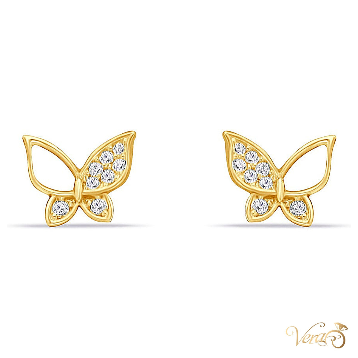 14K Yellow Gold Butterfly Stud Earrings with CZ Accents, 6.7mm - alternate view