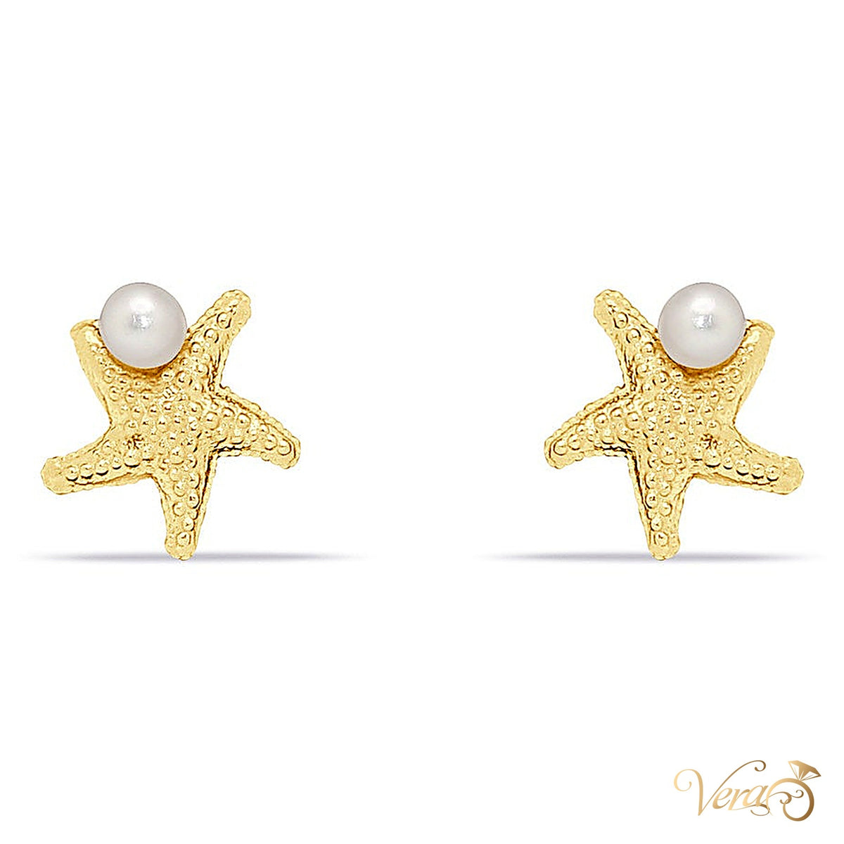 14K Yellow Gold Sea Star Stud Earrings with Pearl, 8mm - alternate view