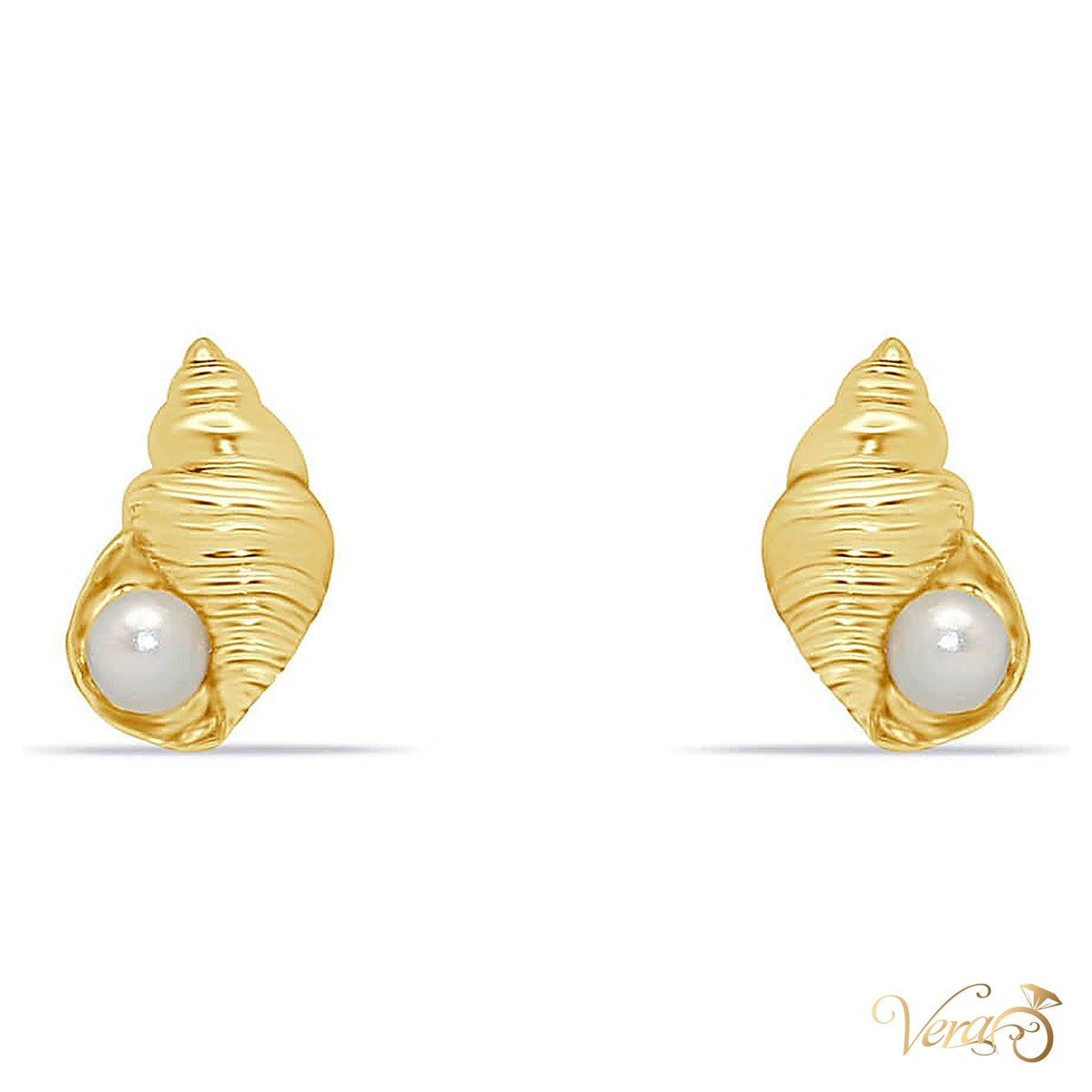 14K Yellow Gold Seashell Stud Earrings with Pearl, 9mm - alternate view