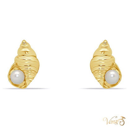 14K Yellow Gold Seashell Stud Earrings with Pearl, 9mm - alternate view