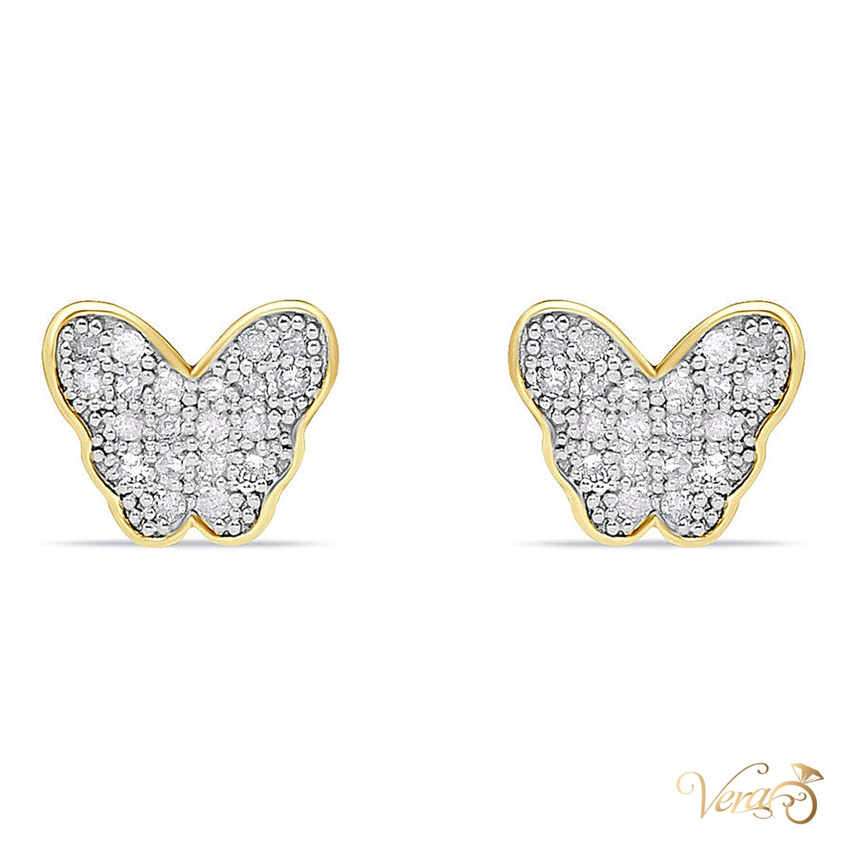 10K Yellow Gold Butterfly Stud Earrings with Natural Diamonds, 0.20 ct, 6.5mm - alternate view