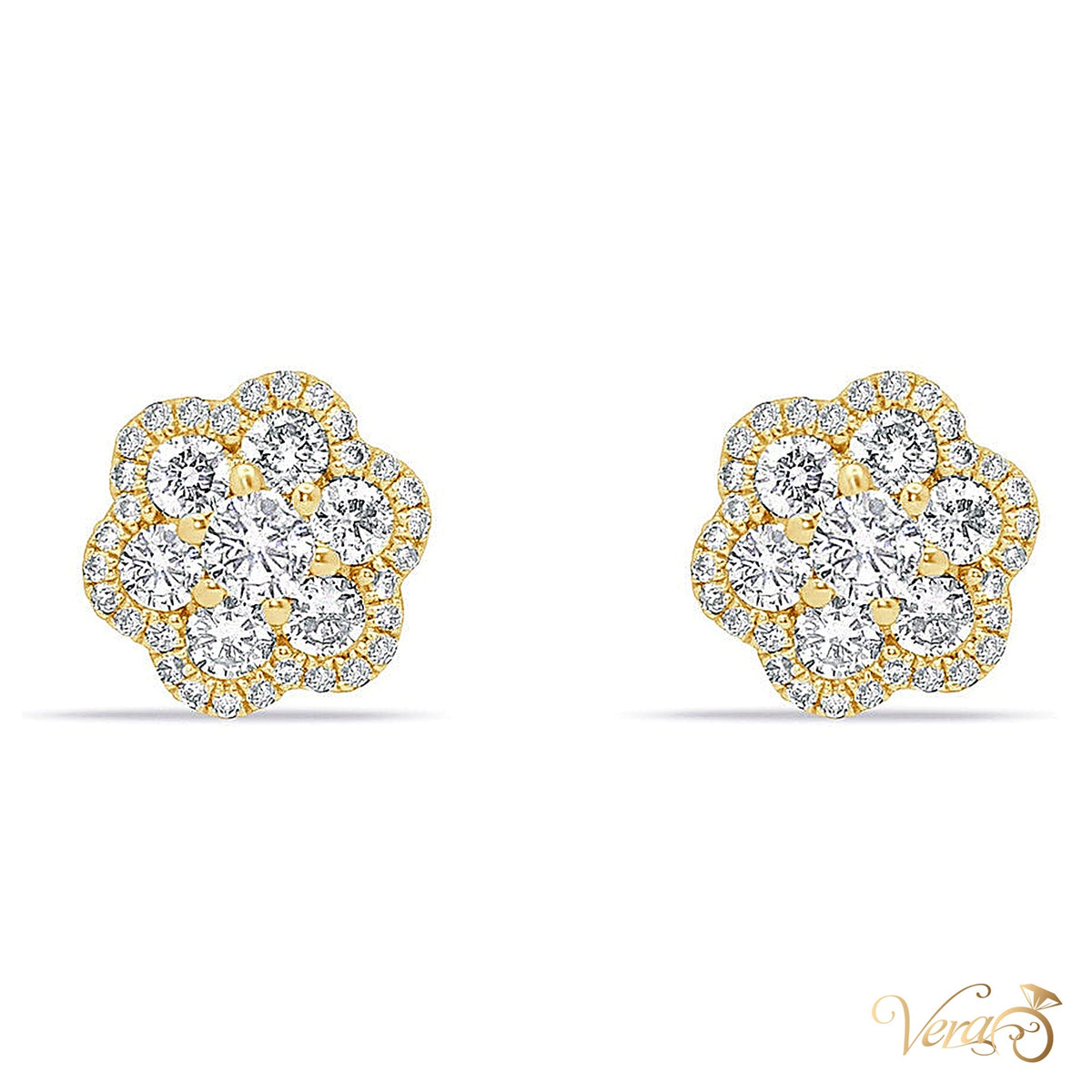 14K Yellow Gold Floral Stud Earrings with Natural Diamonds, 0.50 ct, 9mm - alternate view