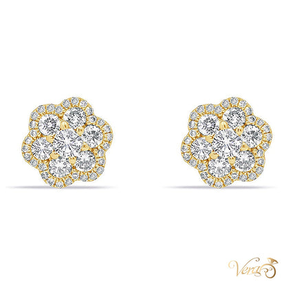 14K Yellow Gold Floral Stud Earrings with Natural Diamonds, 0.50 ct, 9mm - alternate view