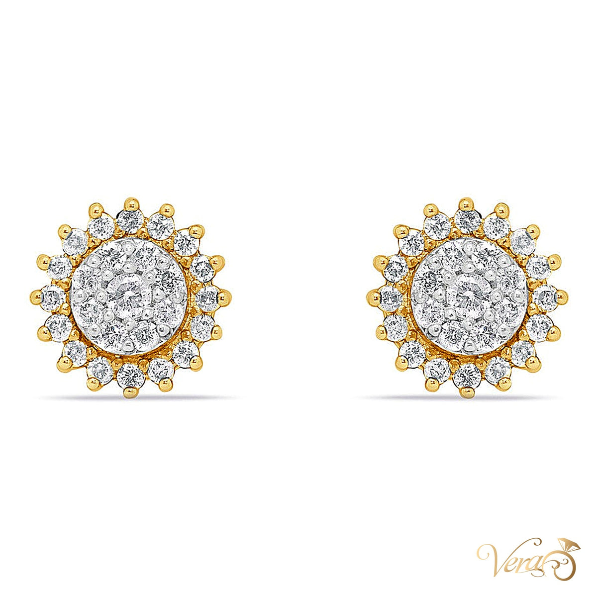 10K Yellow Gold Floral Stud Earrings with Natural Diamonds, 11mm, 3.7g - alternate view