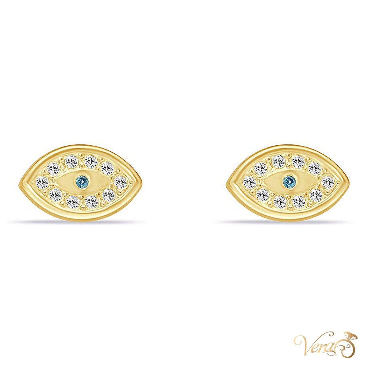 14K Yellow Gold Evil Eye Stud Earrings with CZ, 7mm - alternate view