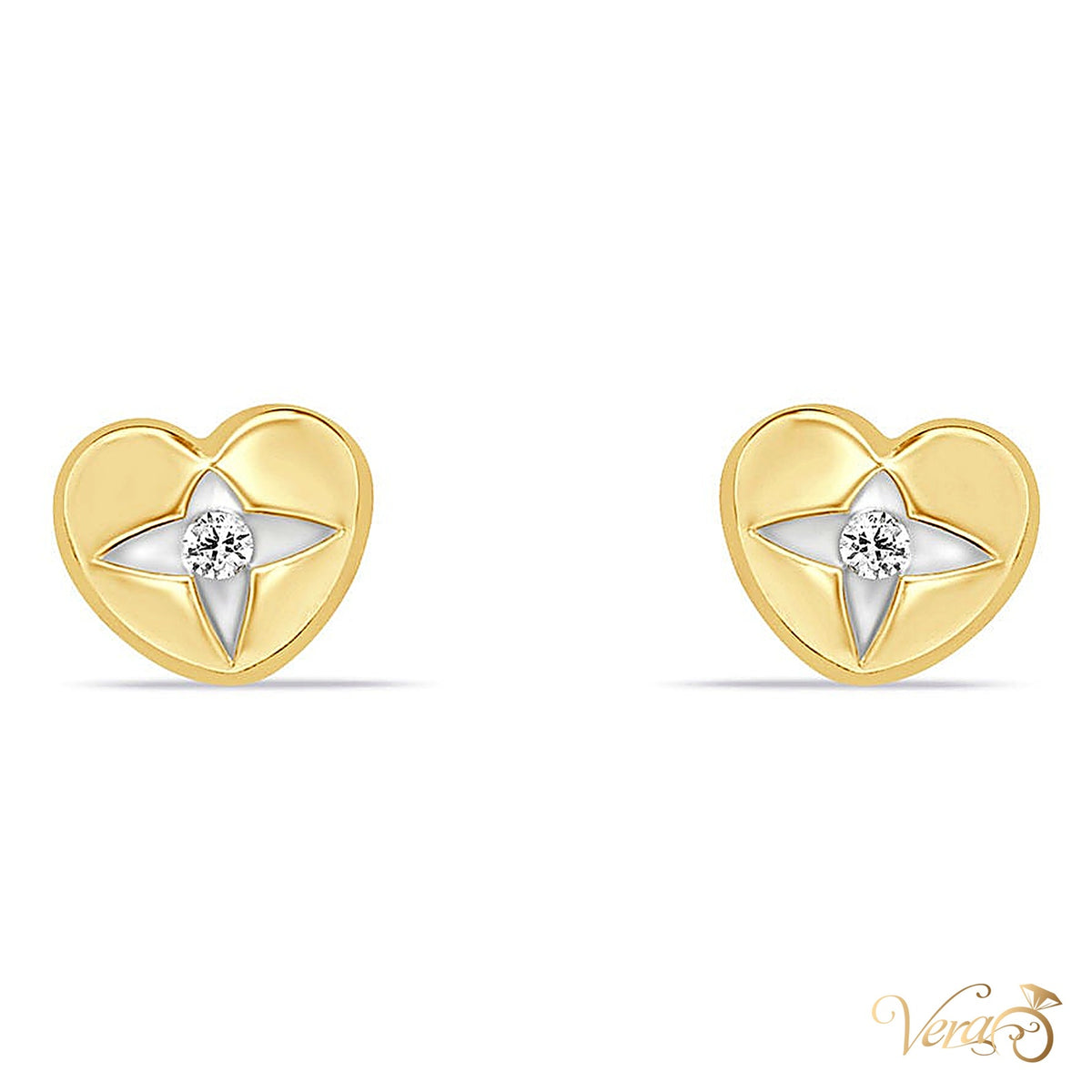 14K Yellow Gold Heart Stud Earrings with Cubic Zirconia, 5.5mm - alternate view