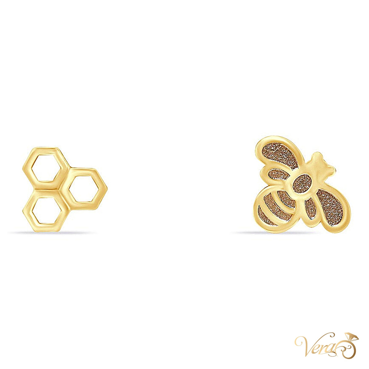 14K Yellow Gold Bee & Honeycomb Stud Earrings, 7mm - alternate view